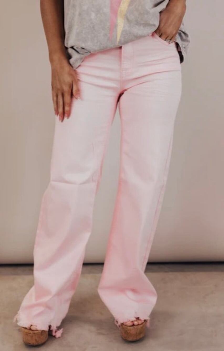 NEW Risen Jeans Wide Leg High Rise Fray Hem Stretch Light Pink 3XL Boho